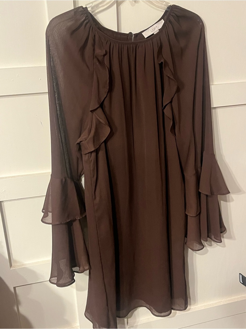 EUC LOFT Brown Ruffle Long-Sleeve Chiffon Dress
